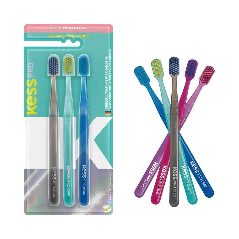 3 Escovas Dentais Pro Cerdas Extra Macias Coloridas Kess
