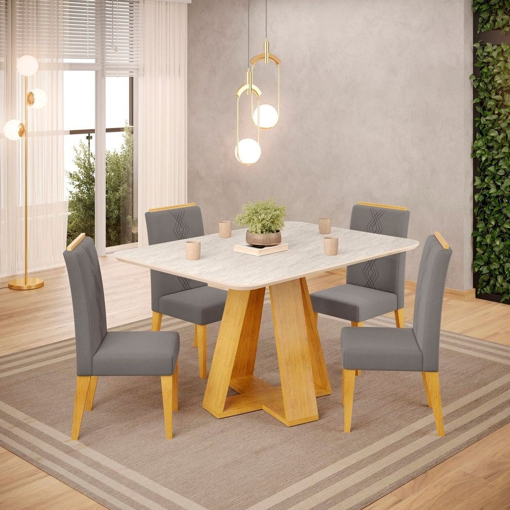 Conjunto Sala de Jantar com Mesa Kiara 4 Cadeiras Yasmin Cedro/Quartzo/Lunar