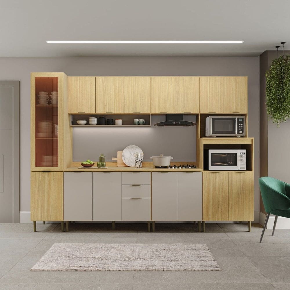 Cozinha Modulada Ibiza 6 Peças 16 Portas 2 Gavetas 2 Balcões com Tampo Louro Freijó/Cinza
