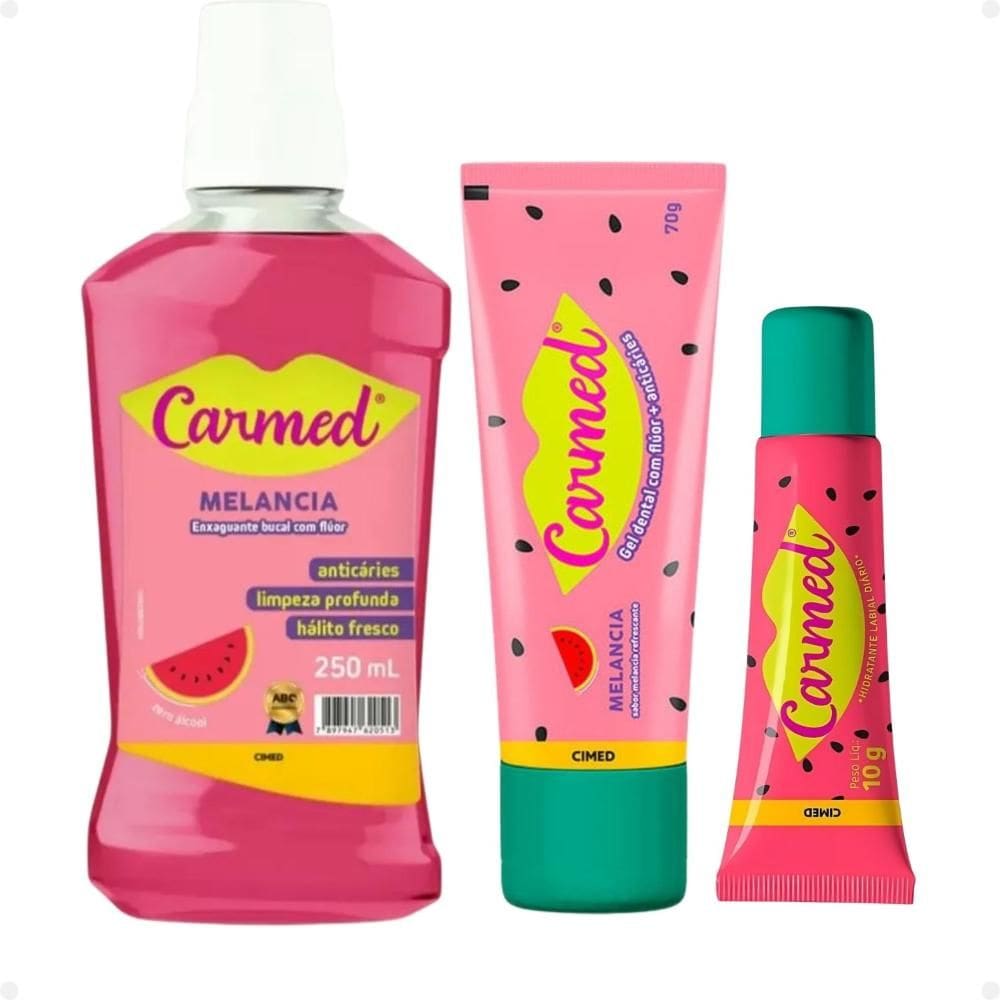 Kit Carmed Melancia: Gel Dental, Enxaguante Bucal e Hidratante Labial