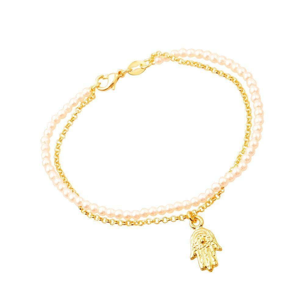 Pulseira Dourada Dupla De Elo Português E Pérolas Pingente
