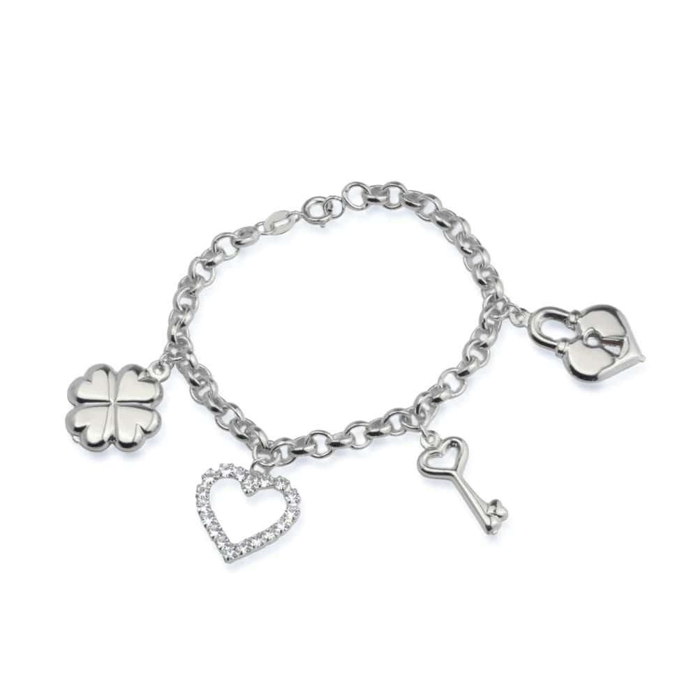 Pulseira Prateada Elo Português Coração, Cadeado, Trevo E