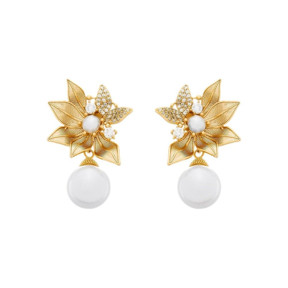 Brinco Dourado Com Folhas Em Zircônia E Pérolas