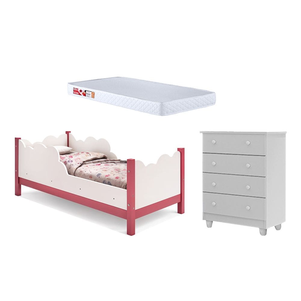 Cama Infantil Juvenil Nuvem Colchão Branco/rosa com Comoda Lara Branco