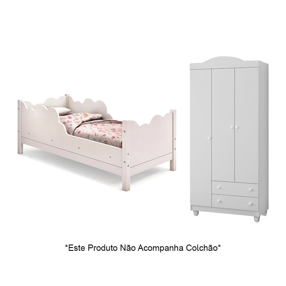 Cama Infantil Juvenil Nuvem Branco com Guarda Roupa Lara Branco