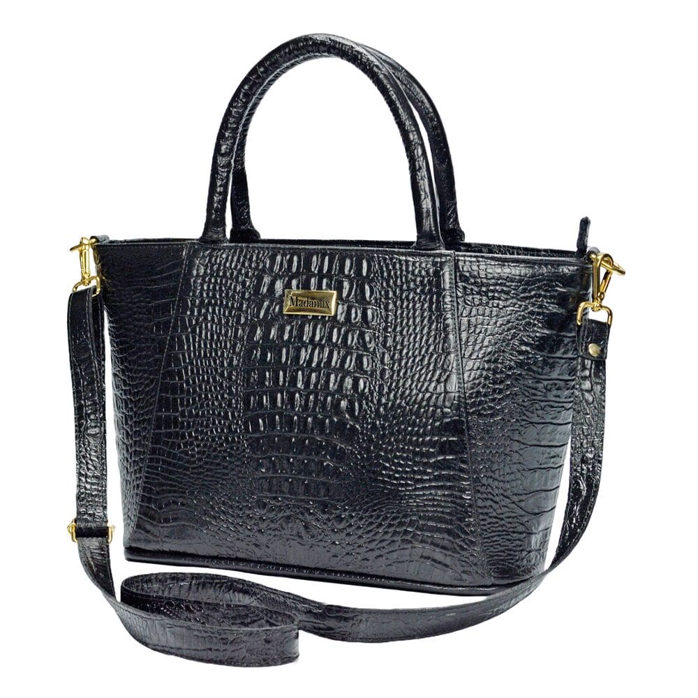 Bolsa Tote Preta Couro Legìtimo Feminina Mão Ombro Transversal Tiracolo Madamix