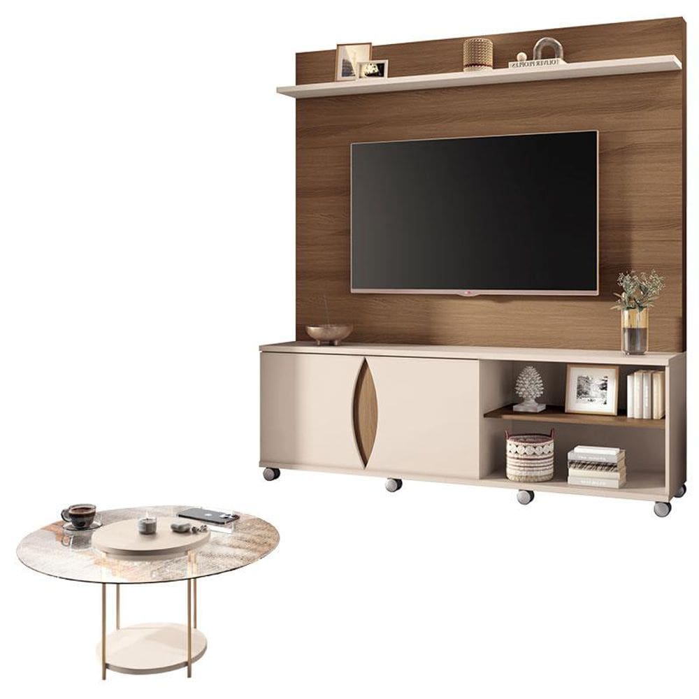 Estante Home Theater Luxor Castanho Off White e Mesa de Centro sky com Tampo de vidro Off White- HB Móveis