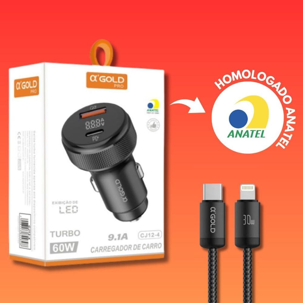 KIT Carregador Veicular Turbo Dual Port 60W Tipo C Linha Premium Entrada Tipo C/ Para IPHO Saida Tipo C