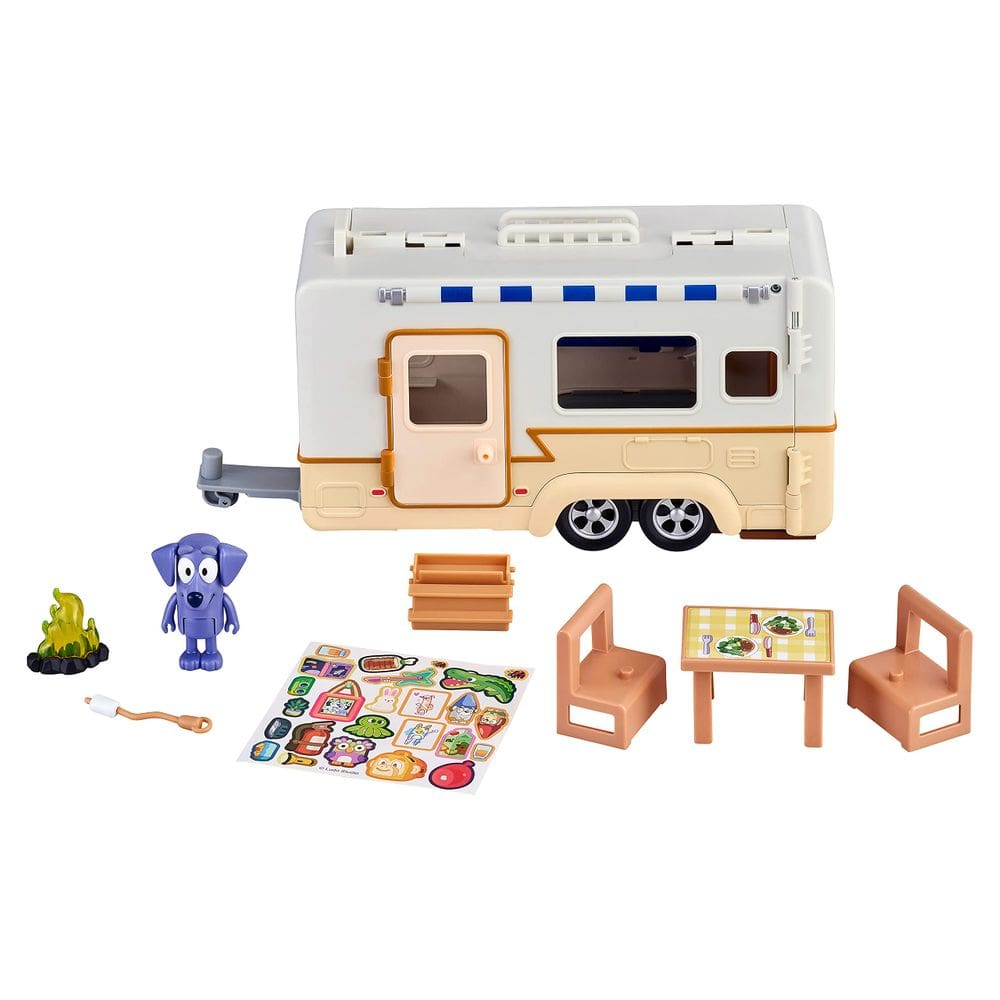 Conjunto de brinquedos Bluey Caravan Adventure com boneco Jean Luc de 2,5