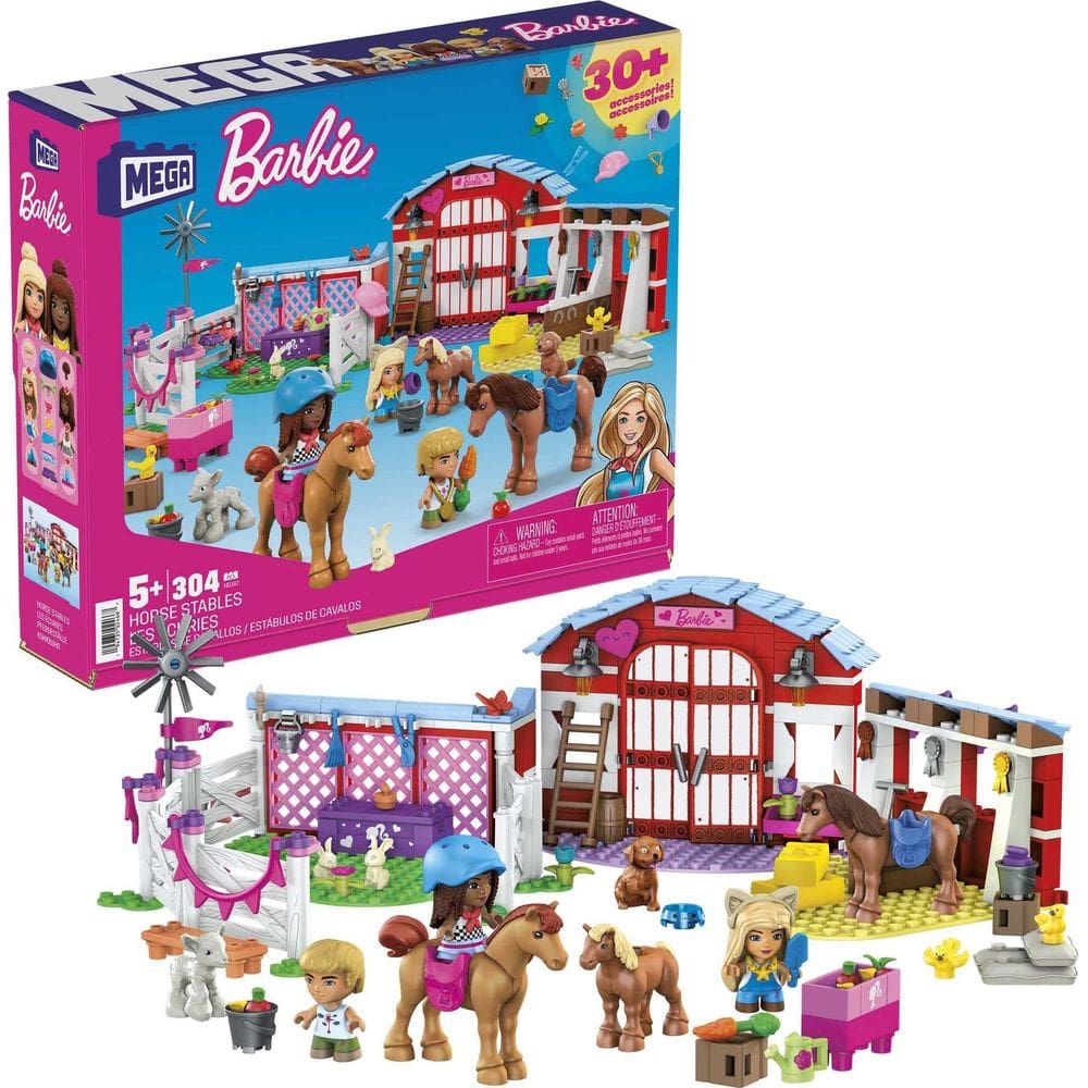 Conjunto de construção de brinquedos Mega Barbie Pets Horse com 3 microbonecas
