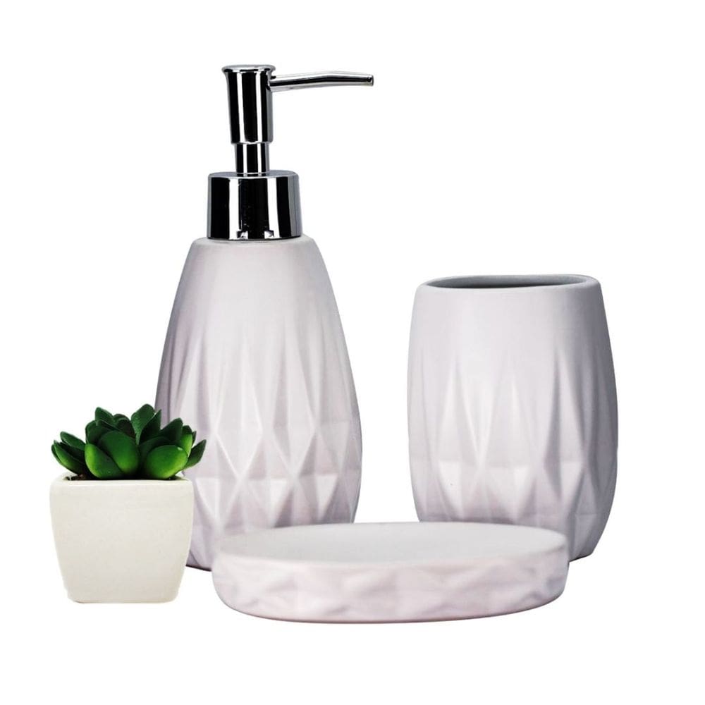 Conjunto para Banheiro Porcelana Branca Com Suculenta 4 Peças - Yangzi