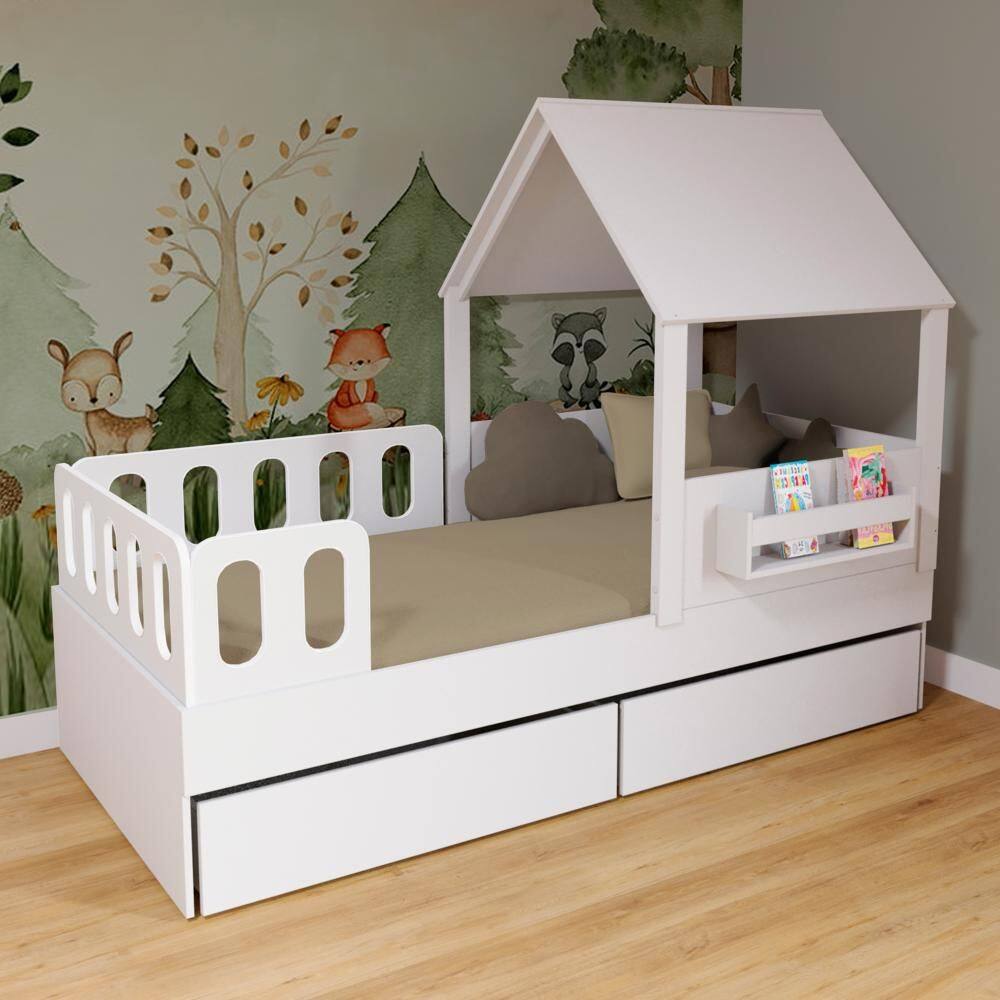 Cama Casinha com Telhado Mdf 02 Gavetas e Grades Anatômica Branco Mobilistore