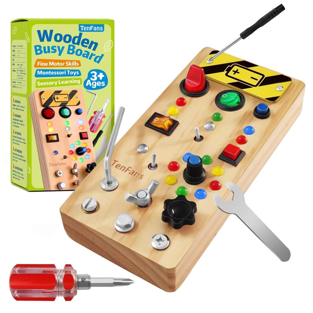 Montessori Busy Board TenFans Wooden com LED de mais de 3 anos