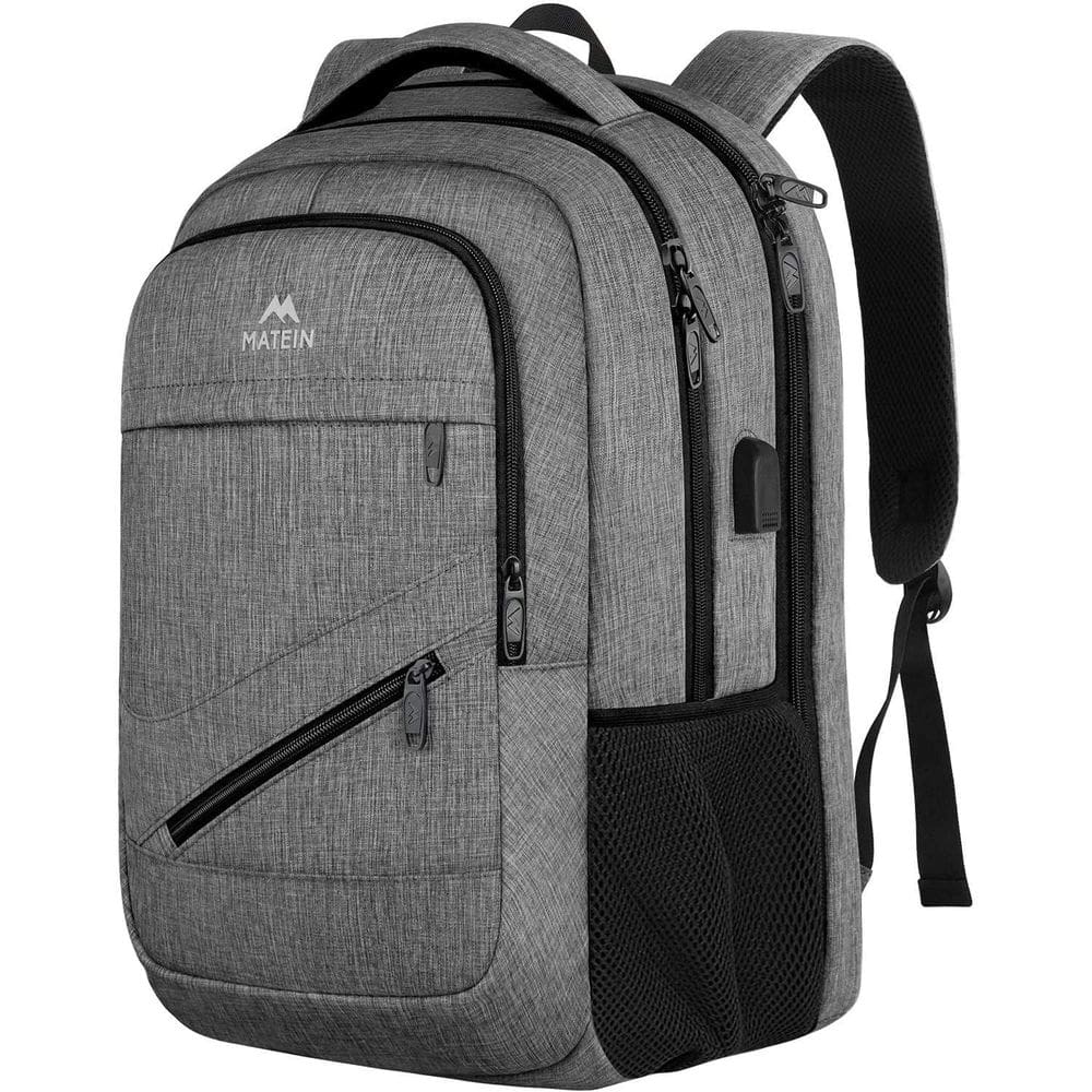 Mochila para laptop MATEIN de 15,6” com porta USB compatível com TSA e porta USB cinza