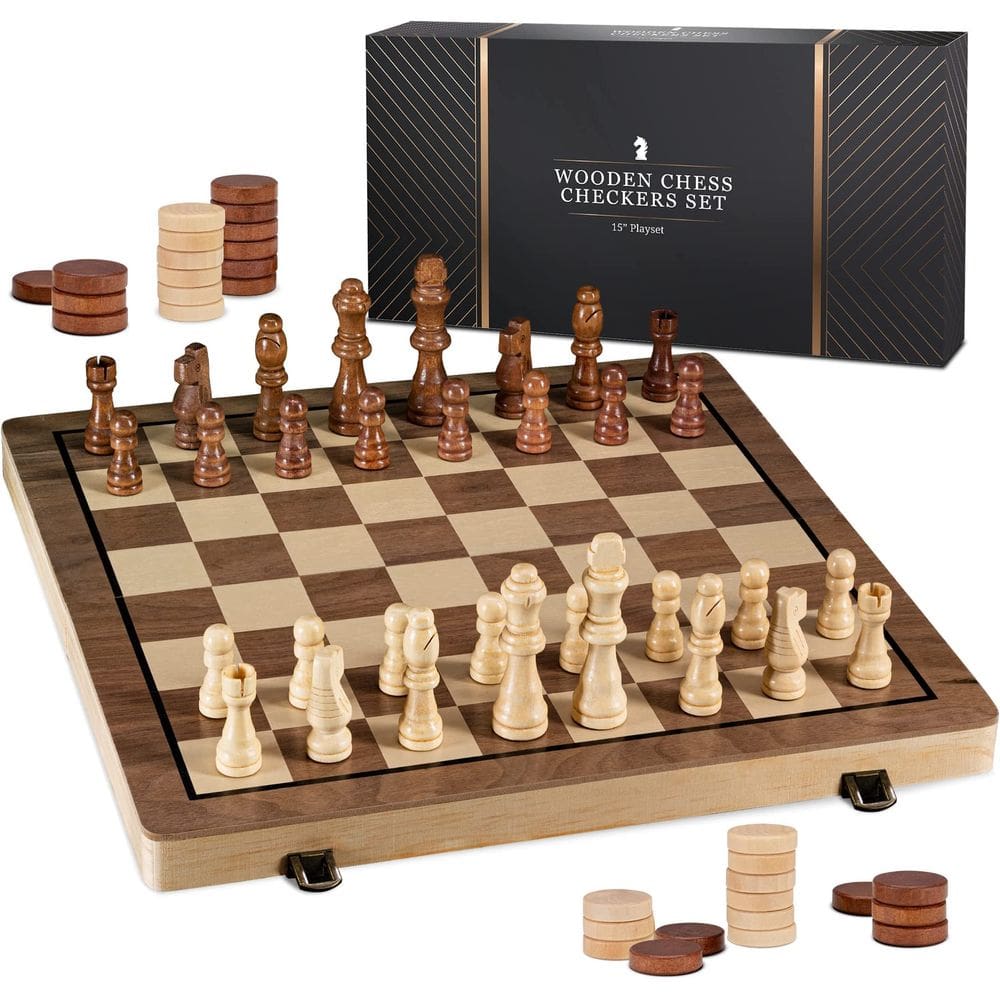 Conjunto de xadrez PLAYVIBE Tabuleiro de xadrez de madeira com xadrez e damas