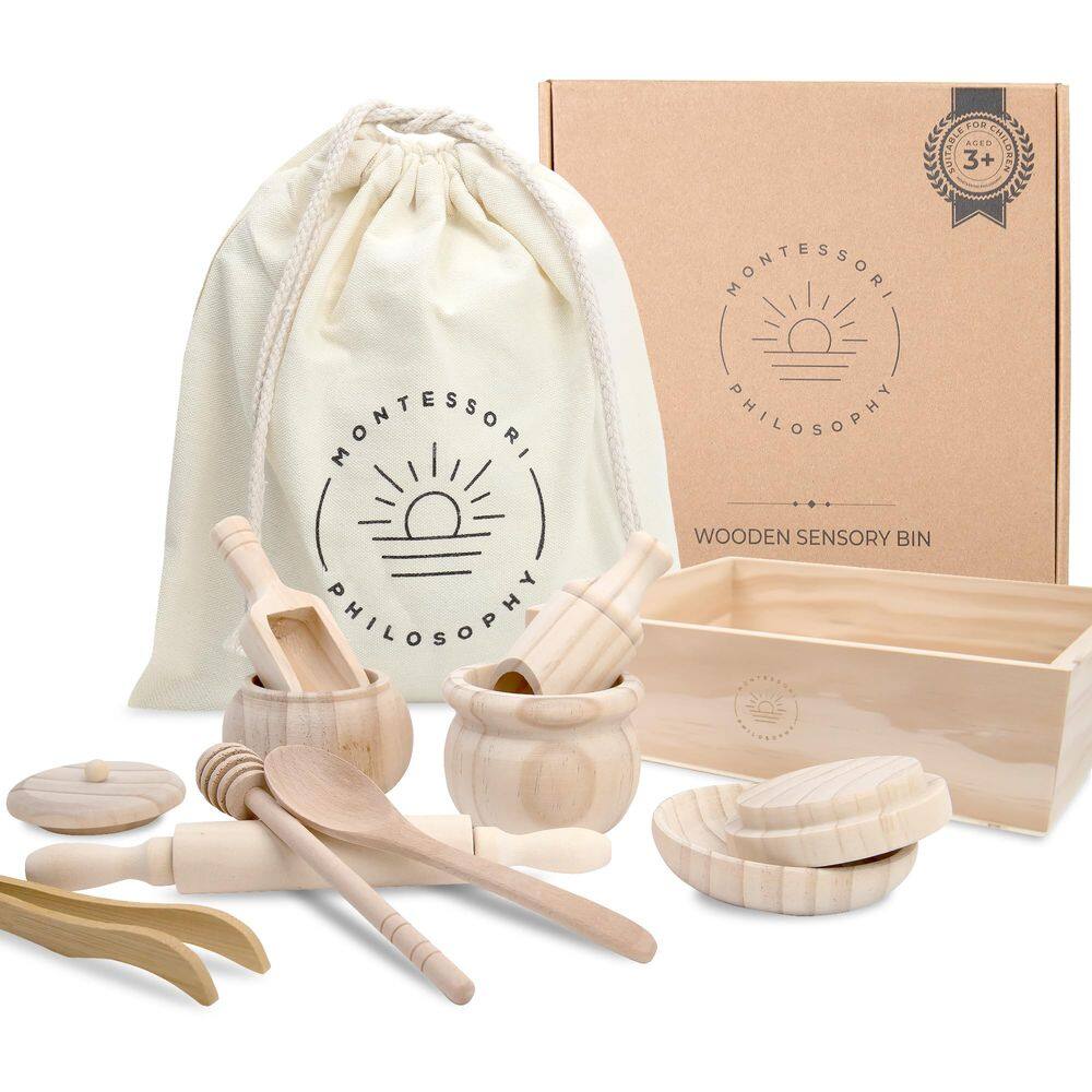 Filosofia Sensory Bin Montessori com ferramentas para mais de 3 anos