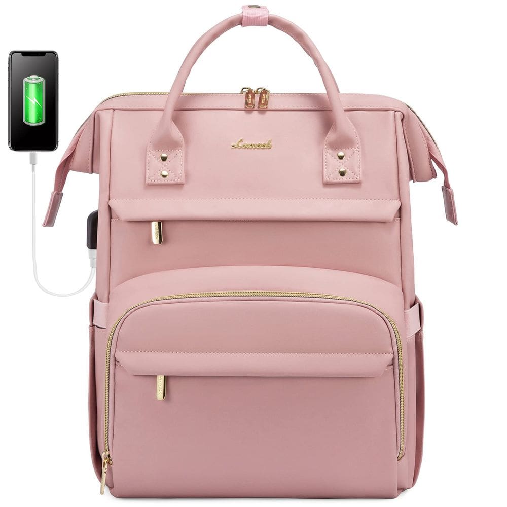 Mochila para laptop LOVEVOOK em couro para mulheres 15,6" rosa
