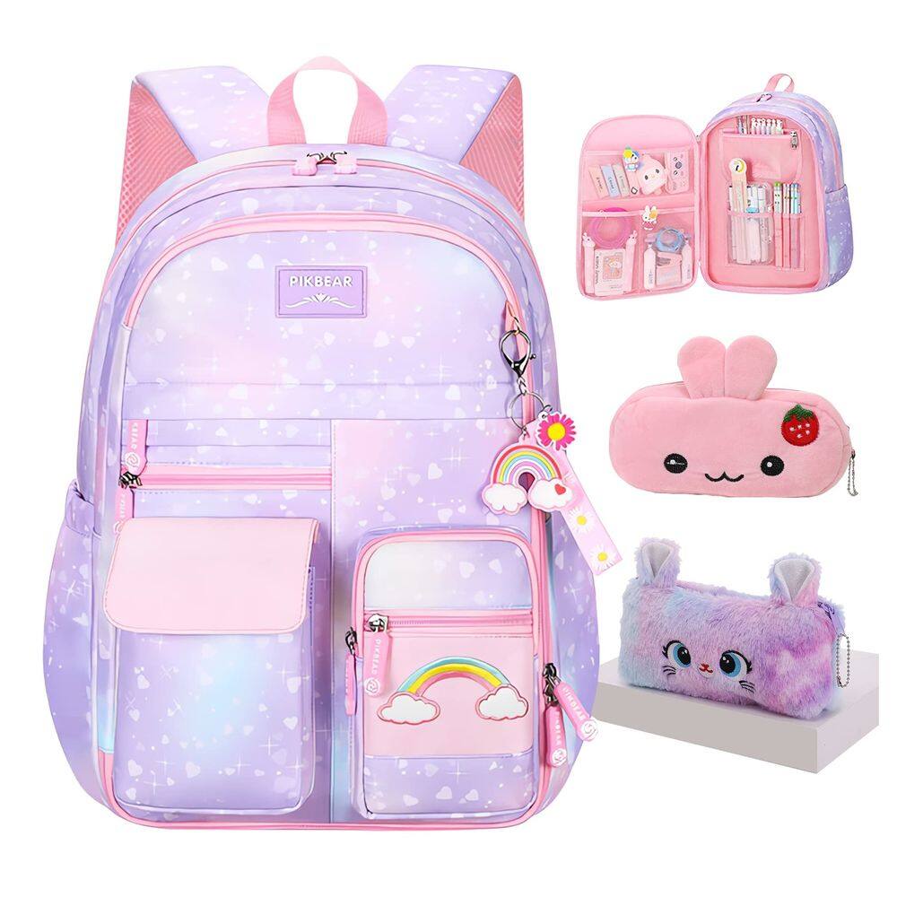 Mochila Jcobvig Kawaii para meninas e crianças escolares com bolsa de caneta roxa