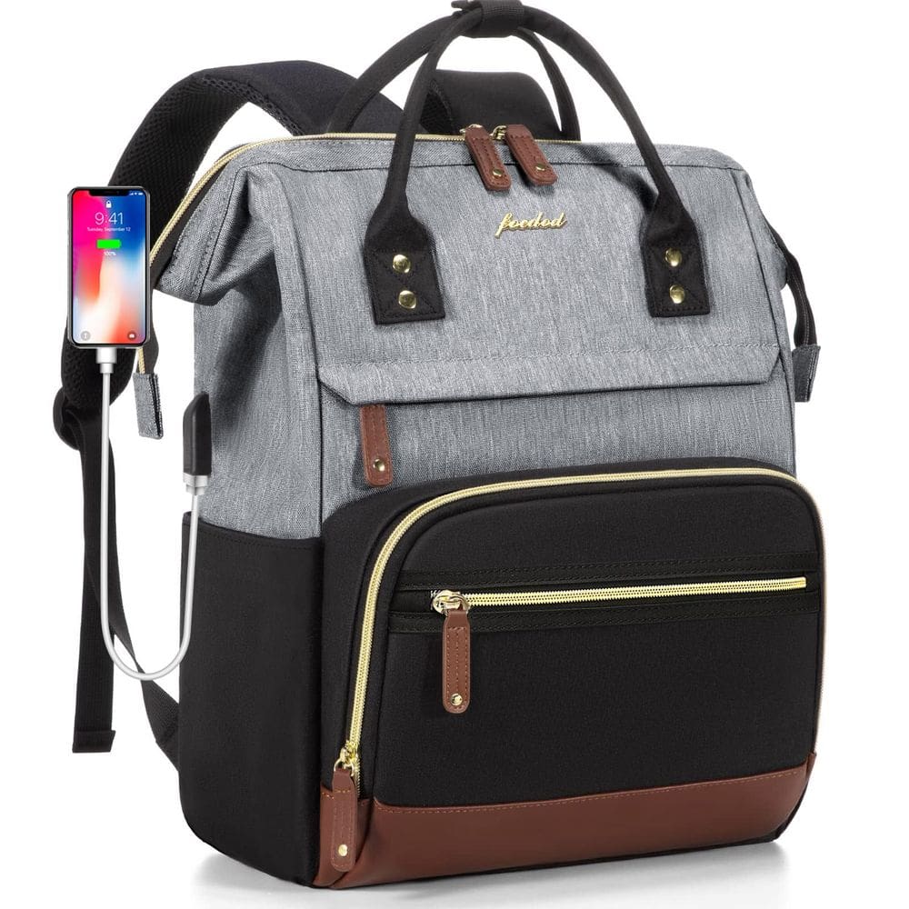 Mochila para laptop Focdod para mulheres de 15,6” impermeável preta e cinza