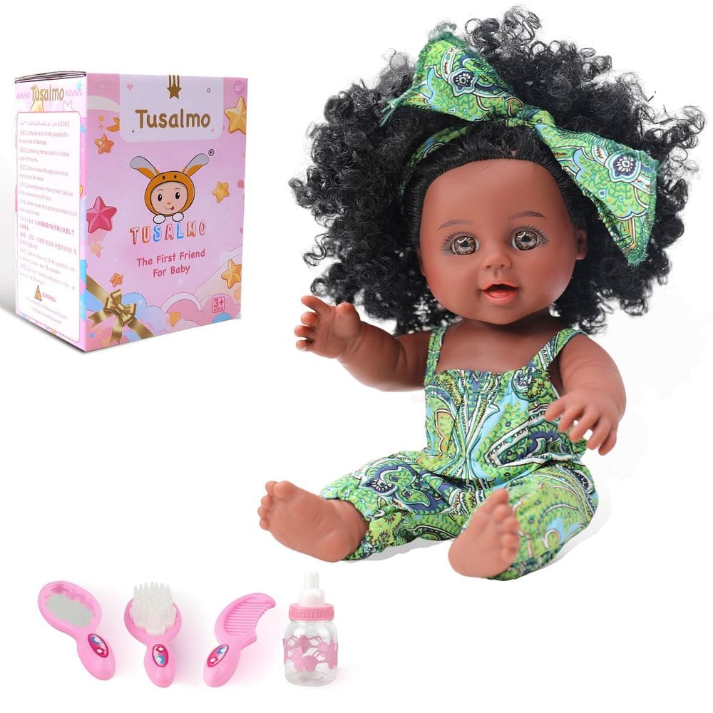 Boneca TUSALMO preta de 10 polegadas com acessórios para meninas de 3 anos