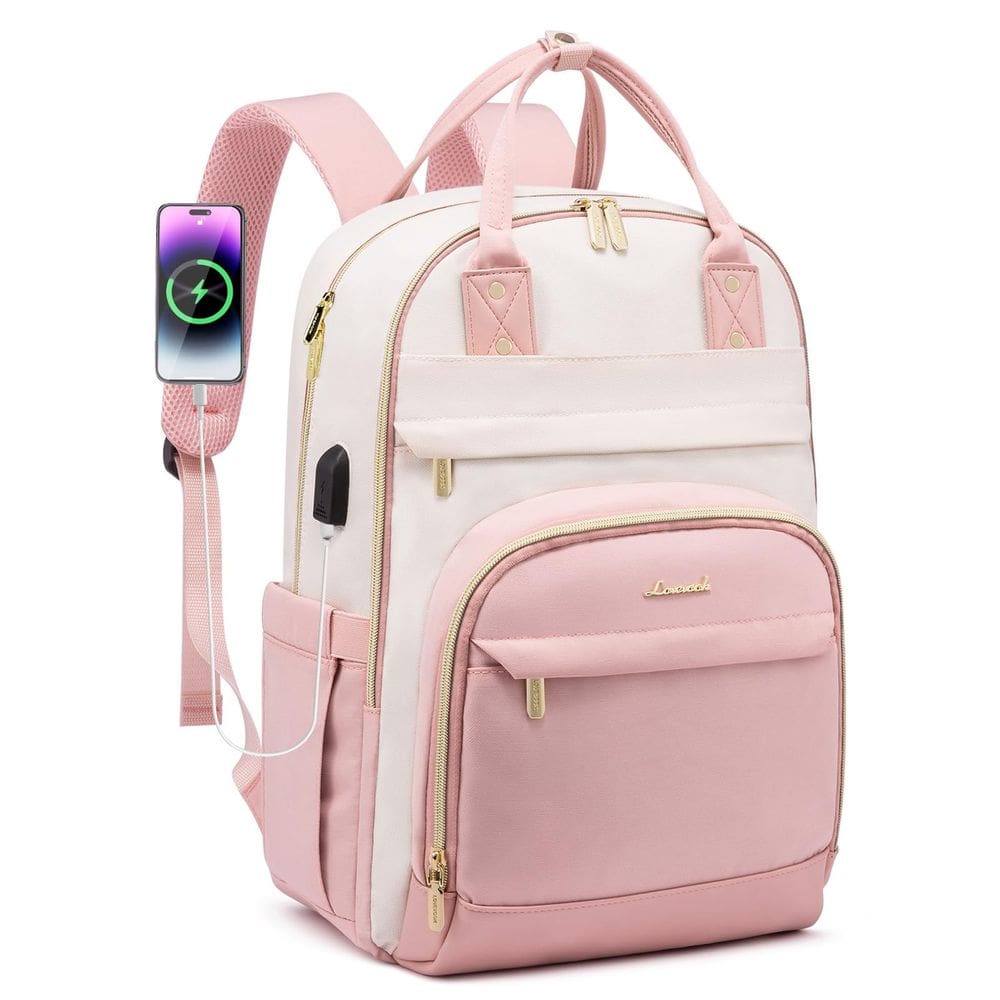 Mochila LOVEVOOK para mulheres, laptop, 17”, impermeável, bege-rosa