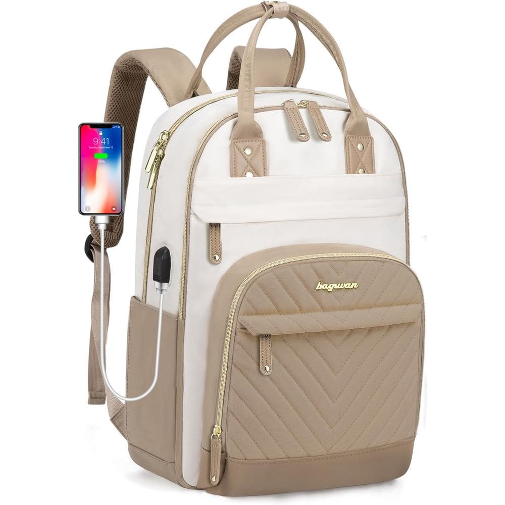 Mochila para laptop BAGSWAN para mulheres de 15,6” com carregador USB cáqui