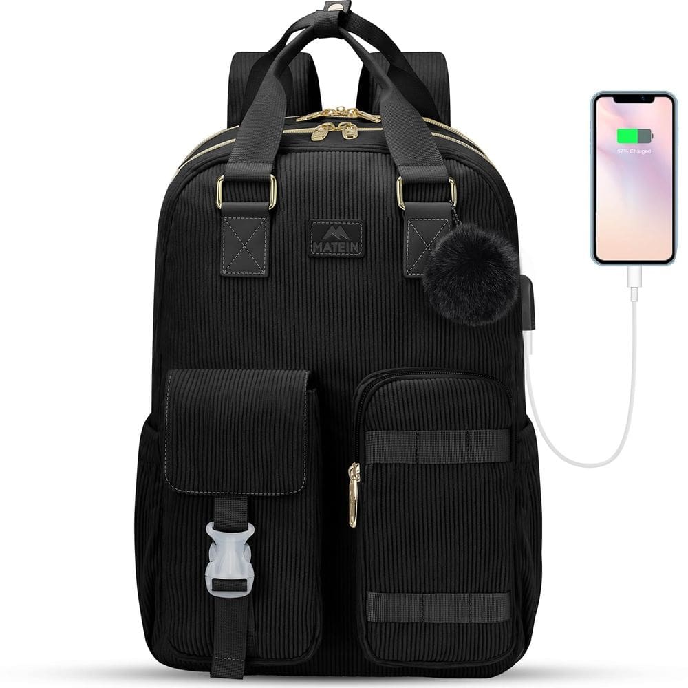 Mochila MATEIN Cute Corduroy de 15,6 polegadas com porta USB - preta