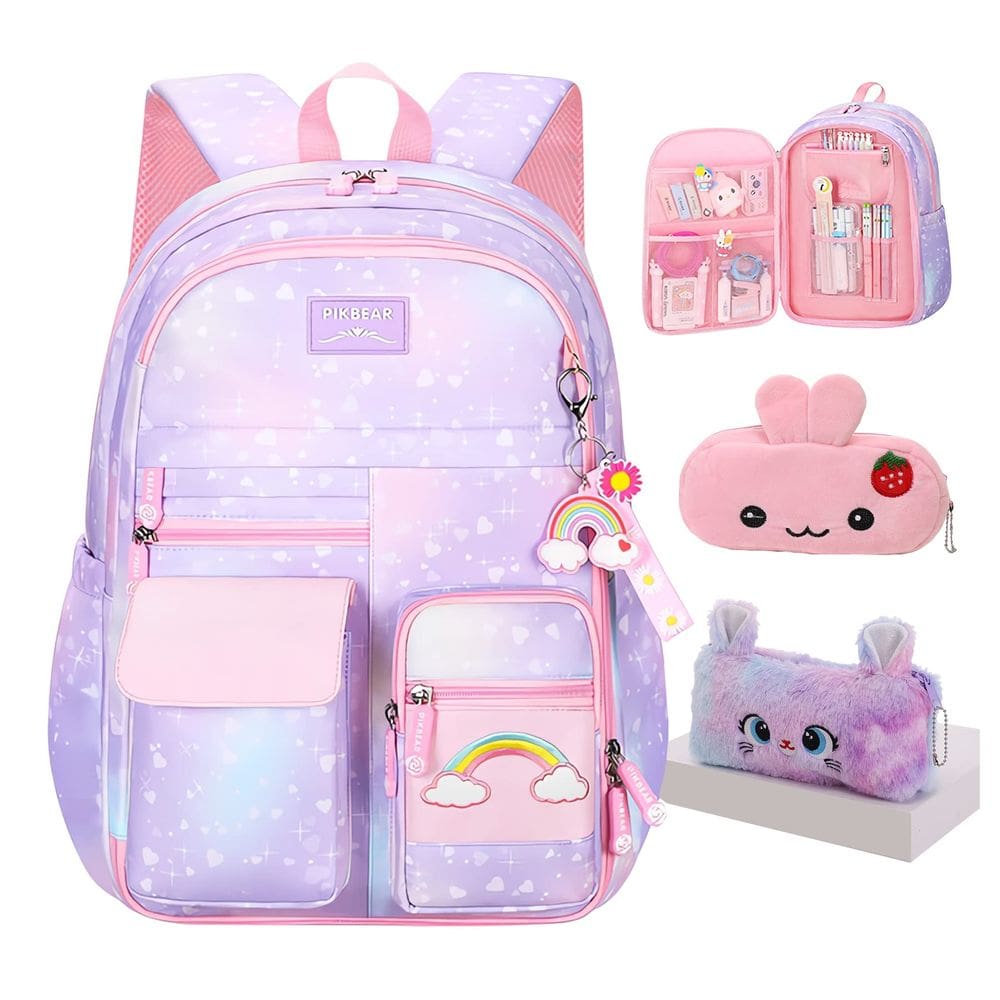 Mochila Jcobvig Rainbow para meninas e crianças da escola 17,5 polegadas roxa