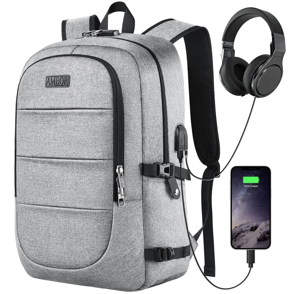 Mochila para laptop AMBOR Travel 15,6-17,3” cinza anti-roubo