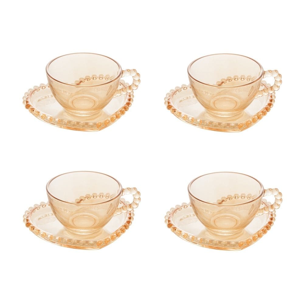 Cj 4 Xícaras P/Chá C/Pires de Cristal C/Formato Coração Pearl Bolinha Âmbar 180ml Wolff