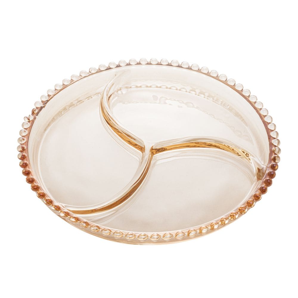 Petisqueira de Cristal Redonda C/3 Divisórias Pearl Bolinha Âmbar 23cm Wolff
