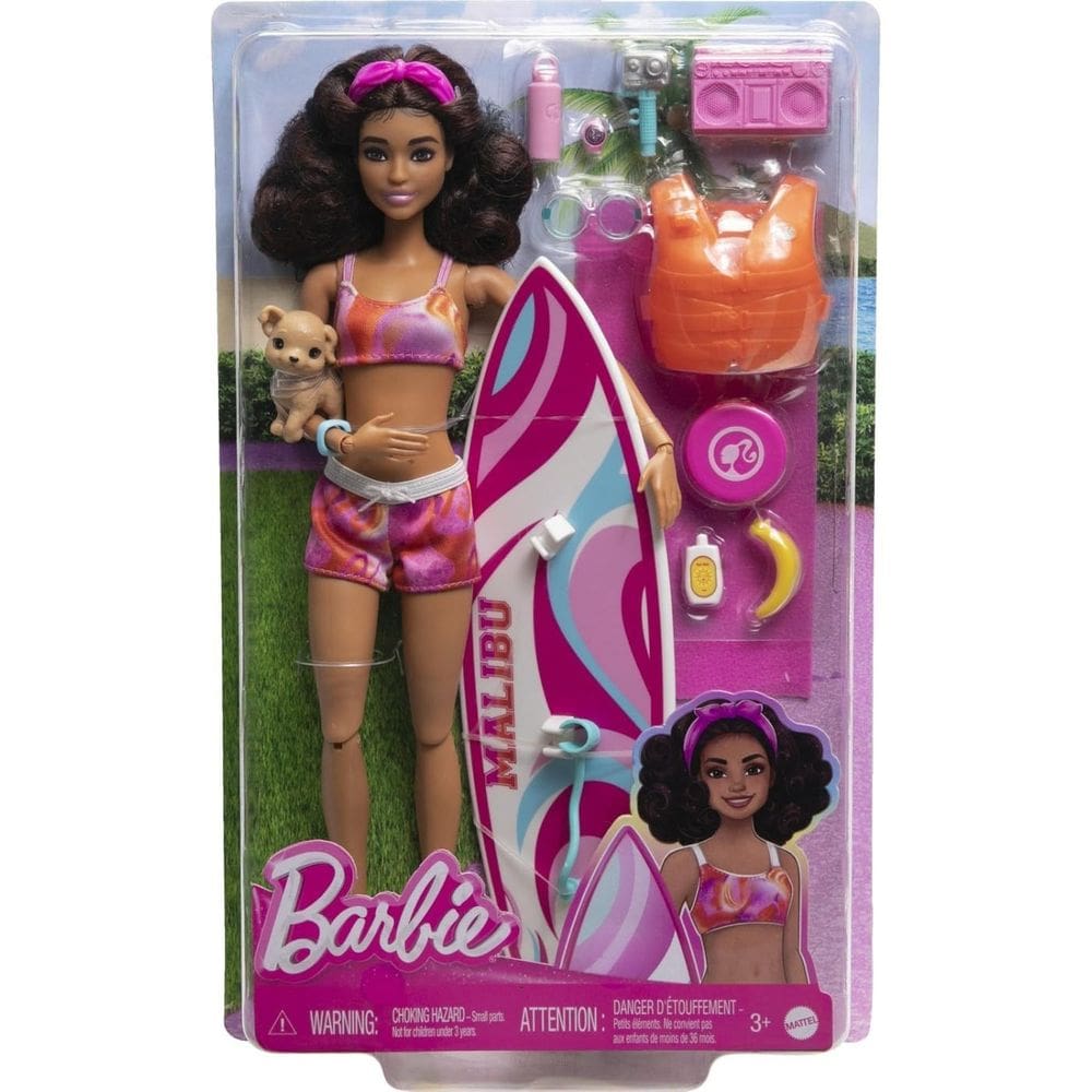 Boneca de surf Barbie HPL69 com prancha de surf e acessórios para crianças a partir de 3 anos