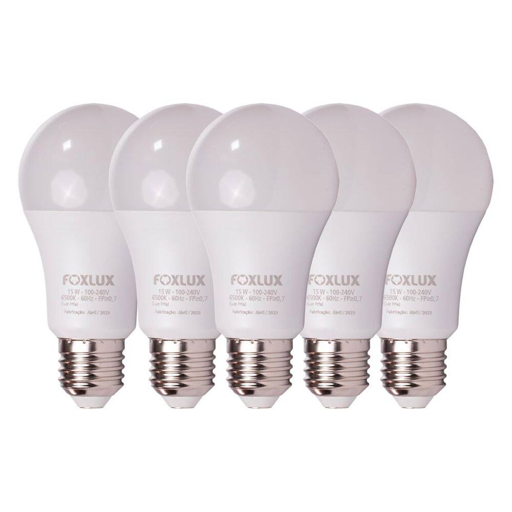 Kit 5 Lâmpada LED Bulbo 15W 6500K E-27 Bivolt Foxlux