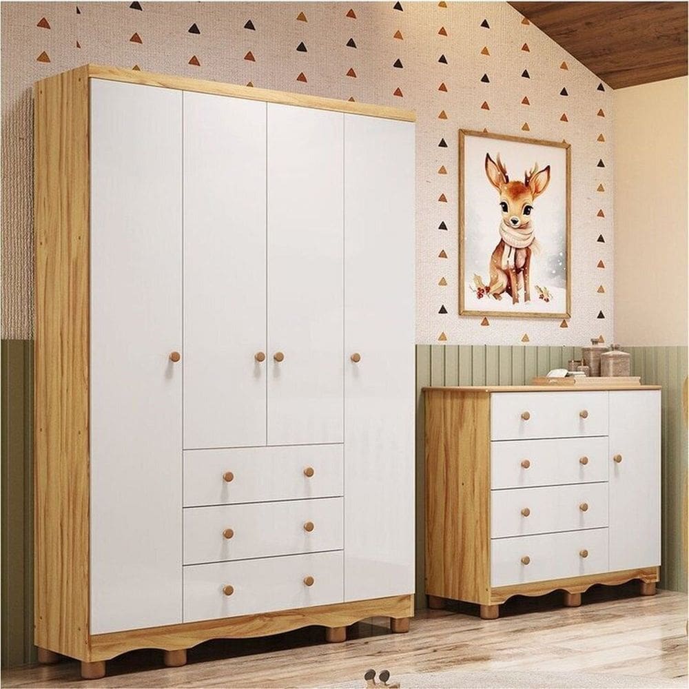 Quarto de Bebê Guarda-roupa 4 Portas e Cômoda 100% Mdf Nina Espresso Móveis Branco Brilho/Amêndoa