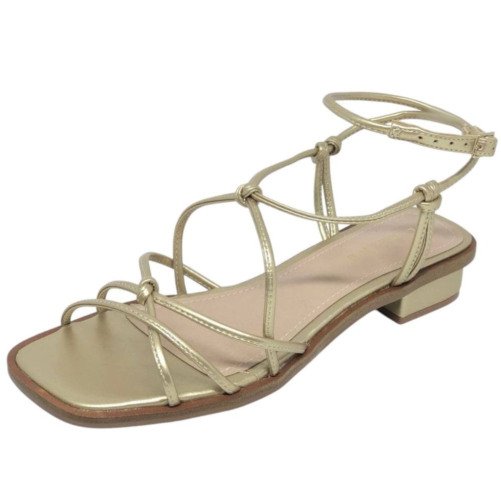 Sandália Feminina Salto Bloco Tiras Ouro Conforto Lia Line