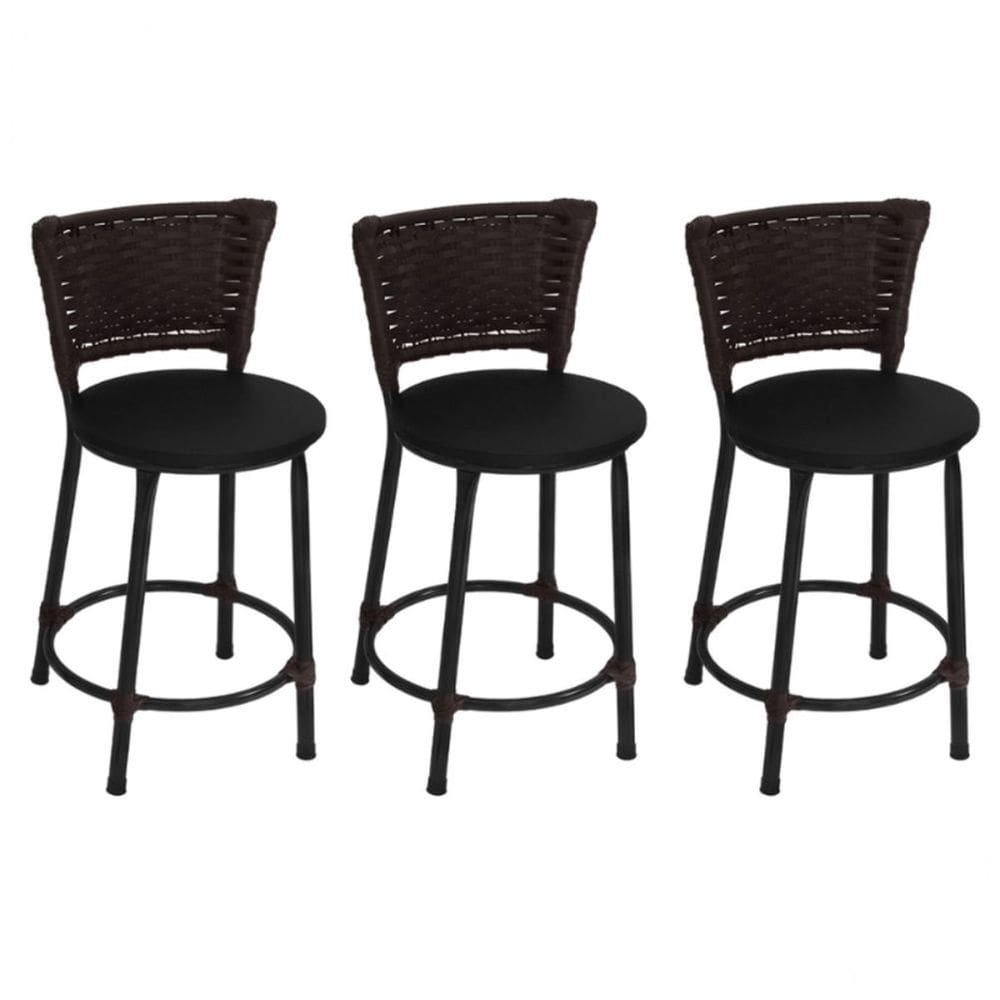Kit 3 Banquetas Baixas Preta com Encosto Junco Argila Assento Preto