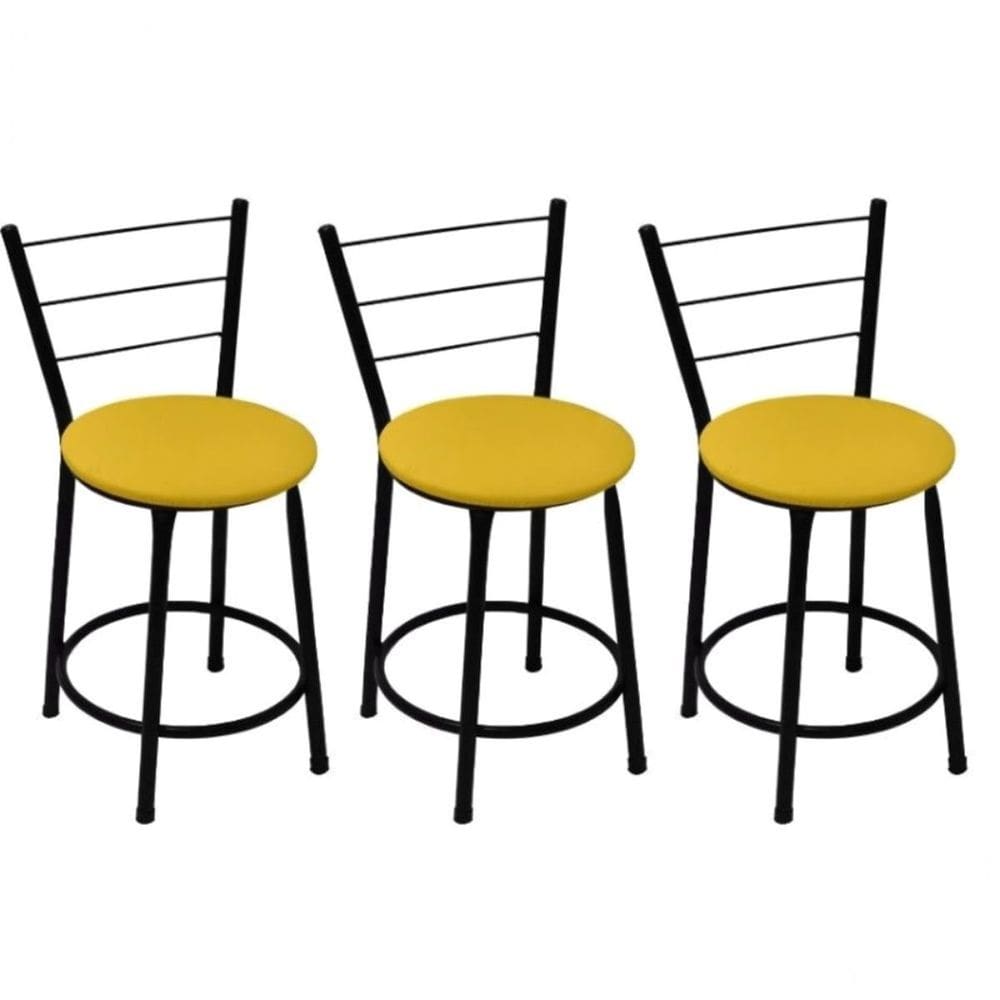Kit 3 Banquetas Baixas Preta com Encosto Assento Amarelo