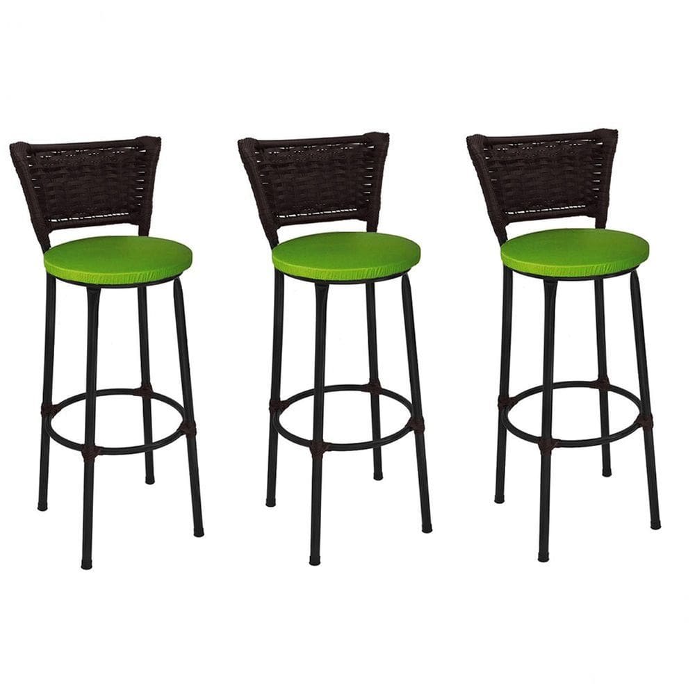 Kit 3 Banquetas Altas Preta com Encosto Junco Argila Assento Verde