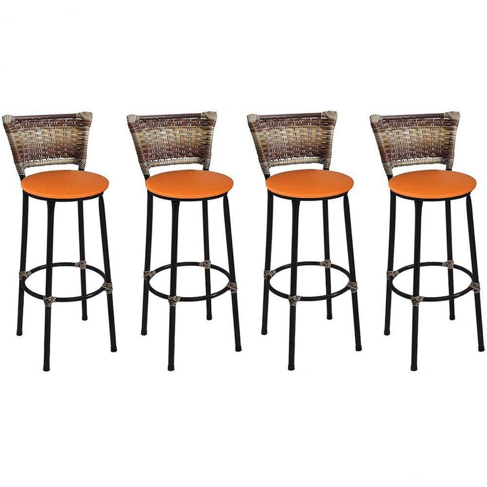 Kit 4 Banquetas Altas Preta com Encosto Junco Capuccino Assento Laranja