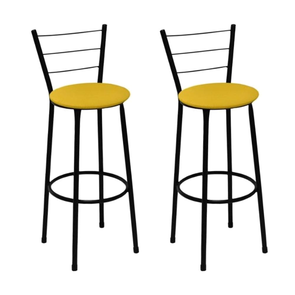 Kit 2 Banquetas Altas Preta com Encosto Assento Amarelo
