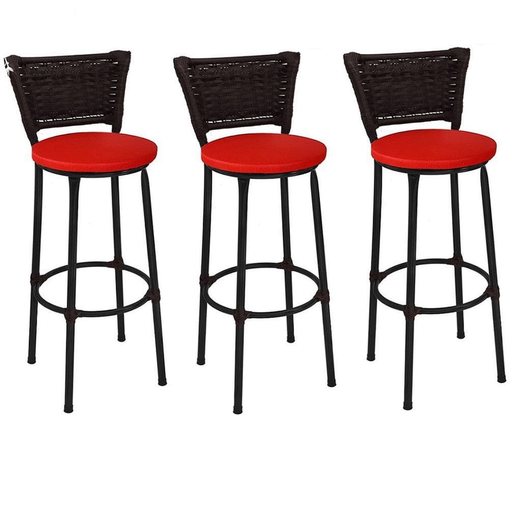 Kit 3 Banquetas Altas Preta com Encosto Junco Argila Assento Vermelho