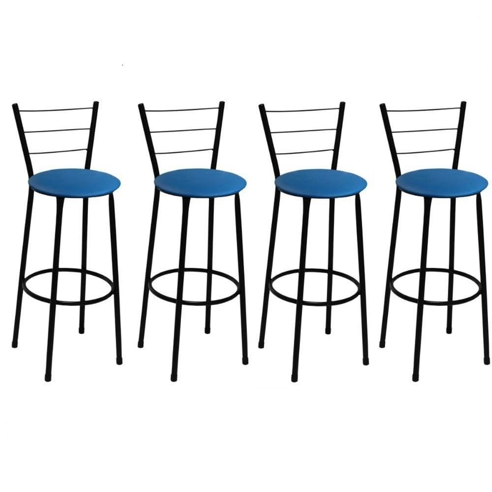 Kit 4 Banquetas Altas Preta com Encosto Assento Azul