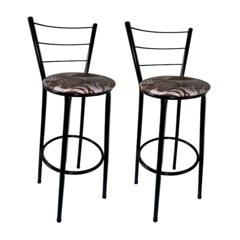 Kit 2 Banquetas Altas Preta com Encosto Assento Floral Marrom