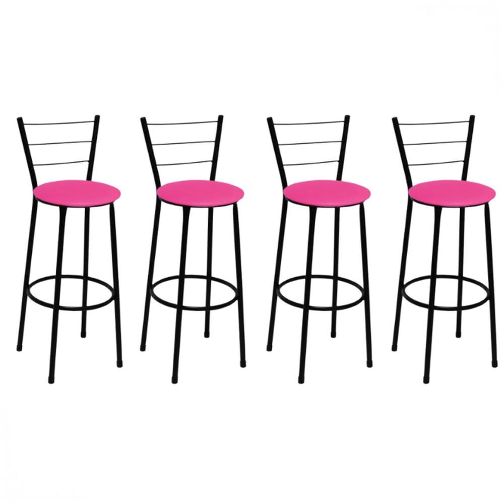 Kit 4 Banquetas Altas Preta com Encosto Assento Rosa