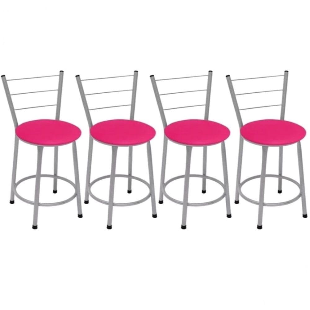 Kit 4 Banquetas Baixas Prata com Encosto Assento Rosa