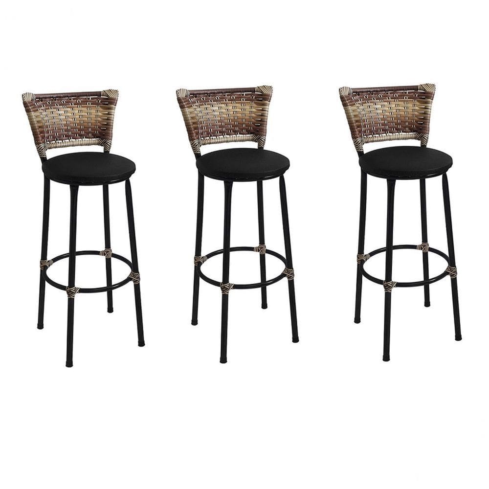 Kit 3 Banquetas Médias Preta com Encosto Junco Capuccino Assento Preto