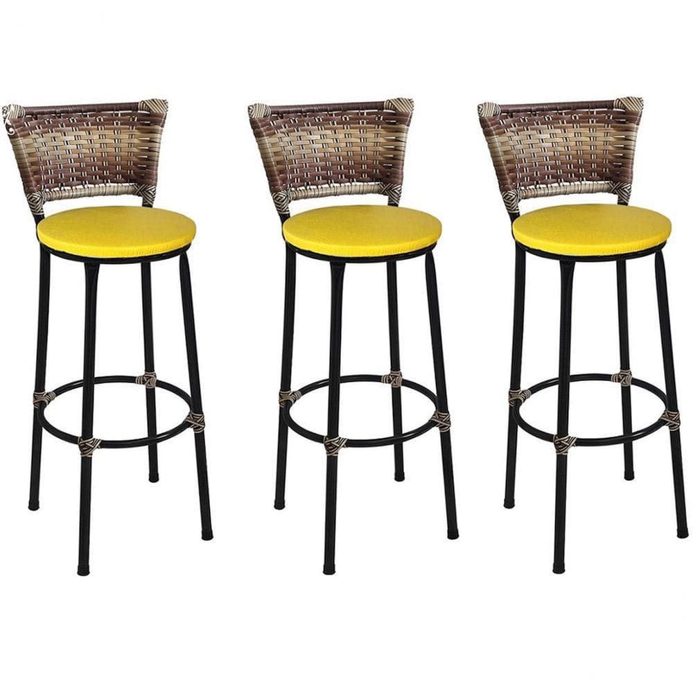 Kit 3 Banquetas Médias Preta com Encosto Junco Capuccino Assento Amarelo
