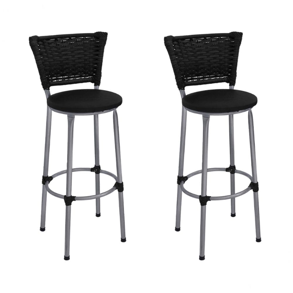 Kit 2 Banquetas Altas Prata com Encosto Junco Preto Assento Preto