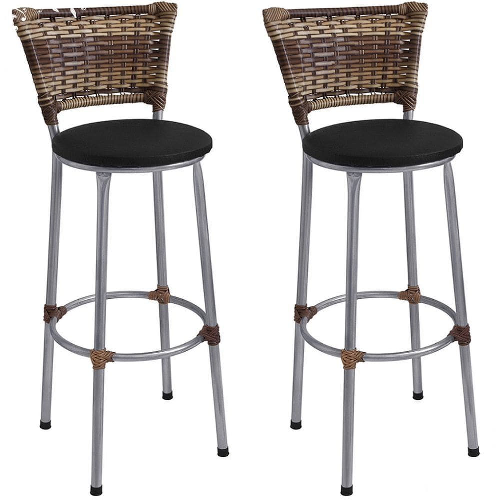 Kit 2 Banquetas Altas Prata com Encosto Junco Capuccino Assento Preto