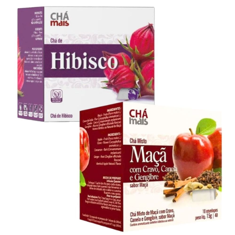 Chá de Hibisco e Maça com Cravo Canela e Gengibre Cx 10 sachês Kit com 2
